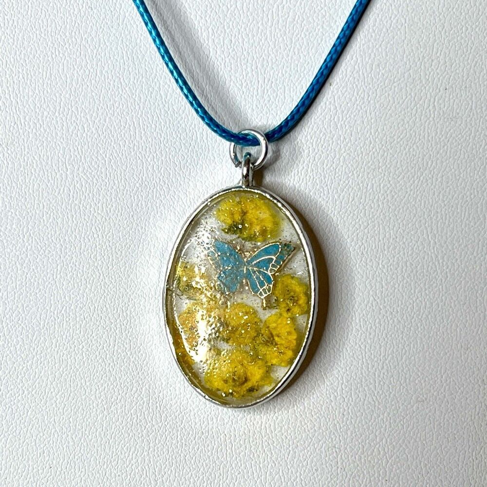 Handmade Resin Necklace Butterfly Charm With Real Pressed Flowers 18" Waxed Cord